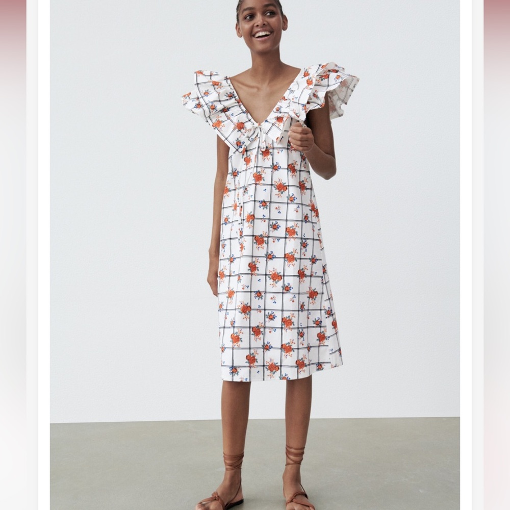 Zara woman’s ruffles should flower print midi dress